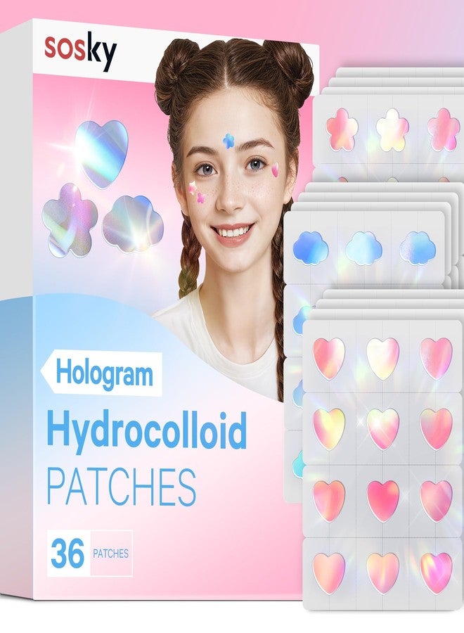 Sosky Hologram Pimple Patches for Face, Hydrocolloid Acne Patches with Salicylic Acid, Cute Star Zit Stickers,Colorful Blemish Covers,36 Count Blue Pink Heart Cloud Flower - Image 1